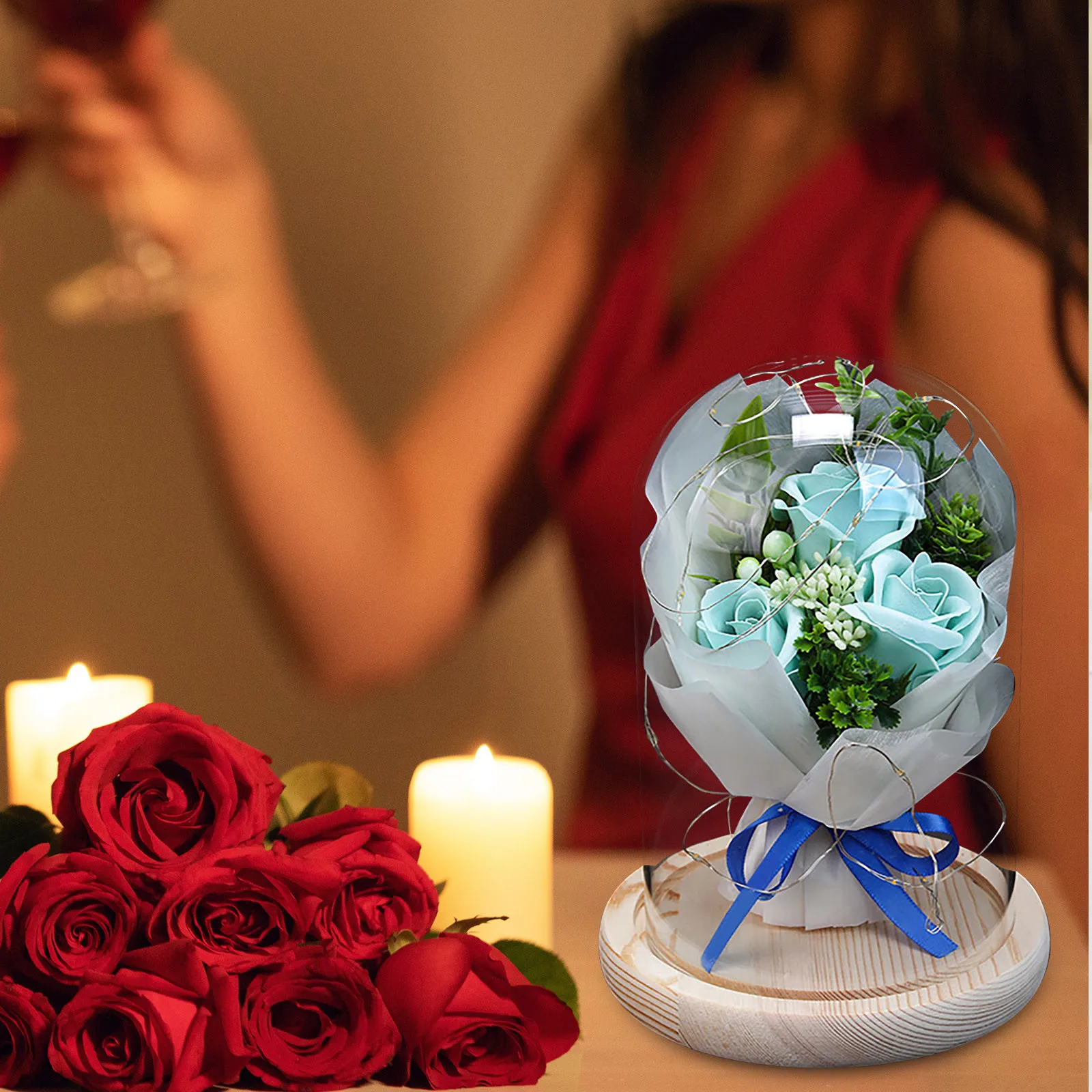 Ebedi Korunmuş Gül Cam Kubbe 3 çiçek başları Gül Sonsuza Aşk Düğün Favor Sevgililer Anneler Günü Hediyeleri Kadınlar için Görüntü 4