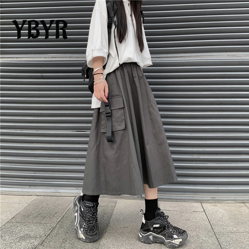 Harajuku Streetwear Gotik Kargo Etekler Kadınlar 2021 Siyah Yüksek Bel A-line Etek Casual Vintage Midi Etek Kadın Streetwear Görüntü 0