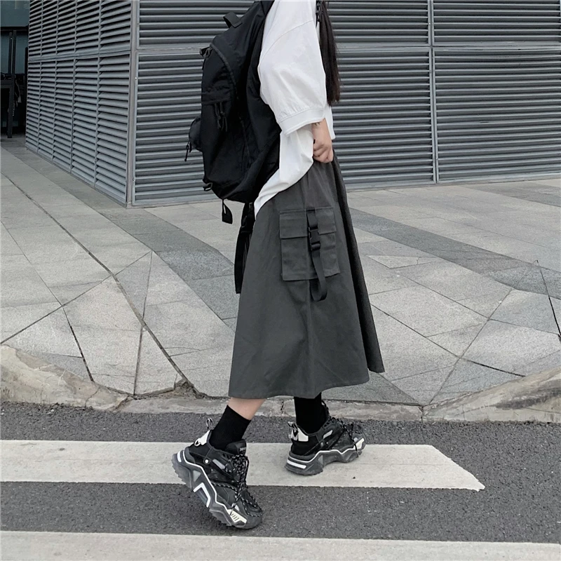 Harajuku Streetwear Gotik Kargo Etekler Kadınlar 2021 Siyah Yüksek Bel A-line Etek Casual Vintage Midi Etek Kadın Streetwear Görüntü 1