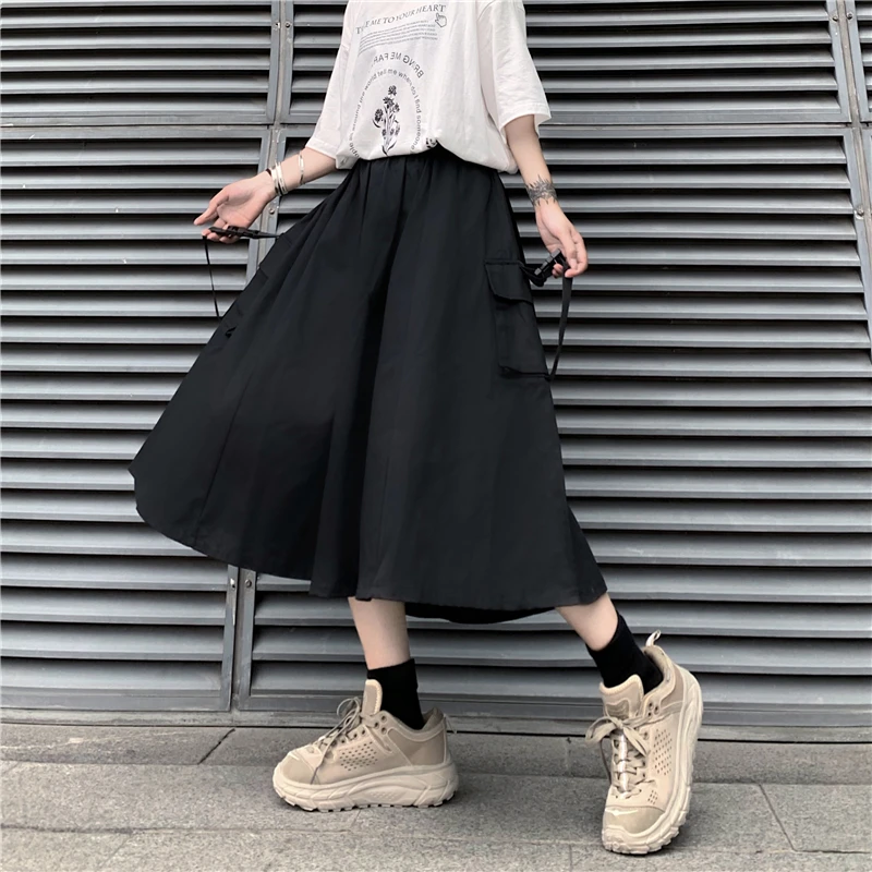 Harajuku Streetwear Gotik Kargo Etekler Kadınlar 2021 Siyah Yüksek Bel A-line Etek Casual Vintage Midi Etek Kadın Streetwear Görüntü 2