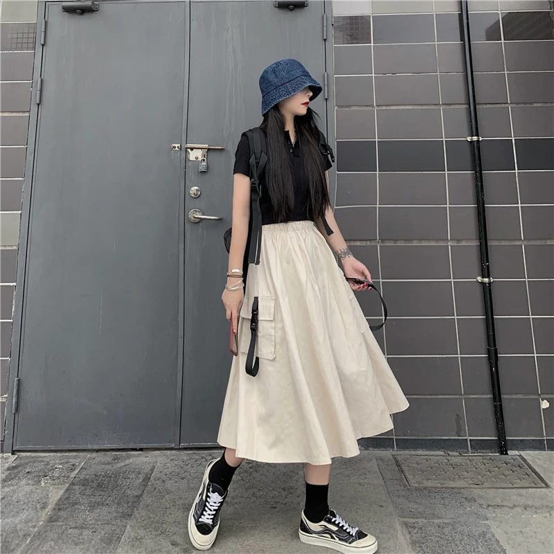 Harajuku Streetwear Gotik Kargo Etekler Kadınlar 2021 Siyah Yüksek Bel A-line Etek Casual Vintage Midi Etek Kadın Streetwear Görüntü 3