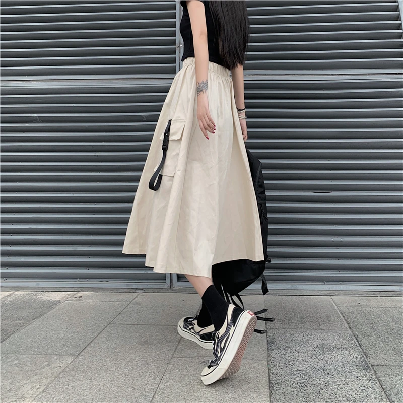 Harajuku Streetwear Gotik Kargo Etekler Kadınlar 2021 Siyah Yüksek Bel A-line Etek Casual Vintage Midi Etek Kadın Streetwear Görüntü 4