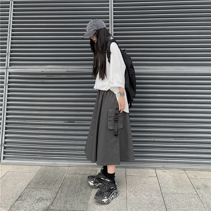 Harajuku Streetwear Gotik Kargo Etekler Kadınlar 2021 Siyah Yüksek Bel A-line Etek Casual Vintage Midi Etek Kadın Streetwear Görüntü 5