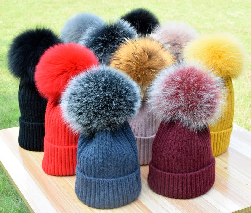 2021 Yeni yün kış şapka lüks kaliteli Tilki kürk ponpon şapka bere Yüksek kaliteli Kız kadın kaput kış şapka kadınlar için Görüntü 2