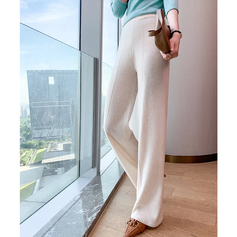 Kadın Pantolon 2021 Yeni Sonbahar ve Kış Yumuşak Rahat Yüksek Bel Kaşmir Örme Pantolon Kadın Saf Renk Geniş Bacak Rahat Görüntü 3