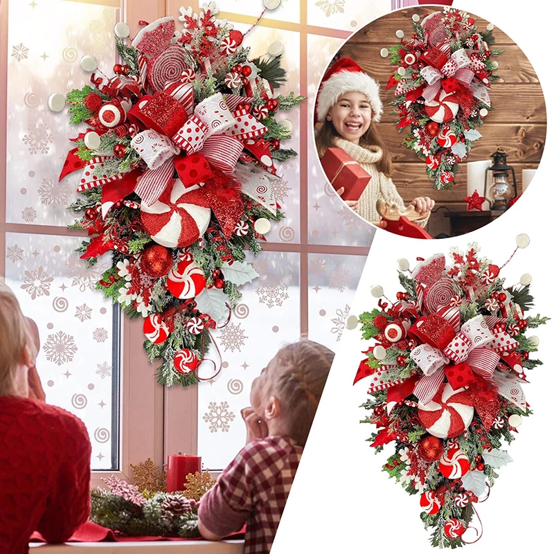 Noel Çelenk baston şeker Yapay Çelenk noel dekorasyonları Pencere Bahçe Sundurma Ön Kapı Asılı Çelenk 2023 Yeni Yıl Dekor Görüntü 1