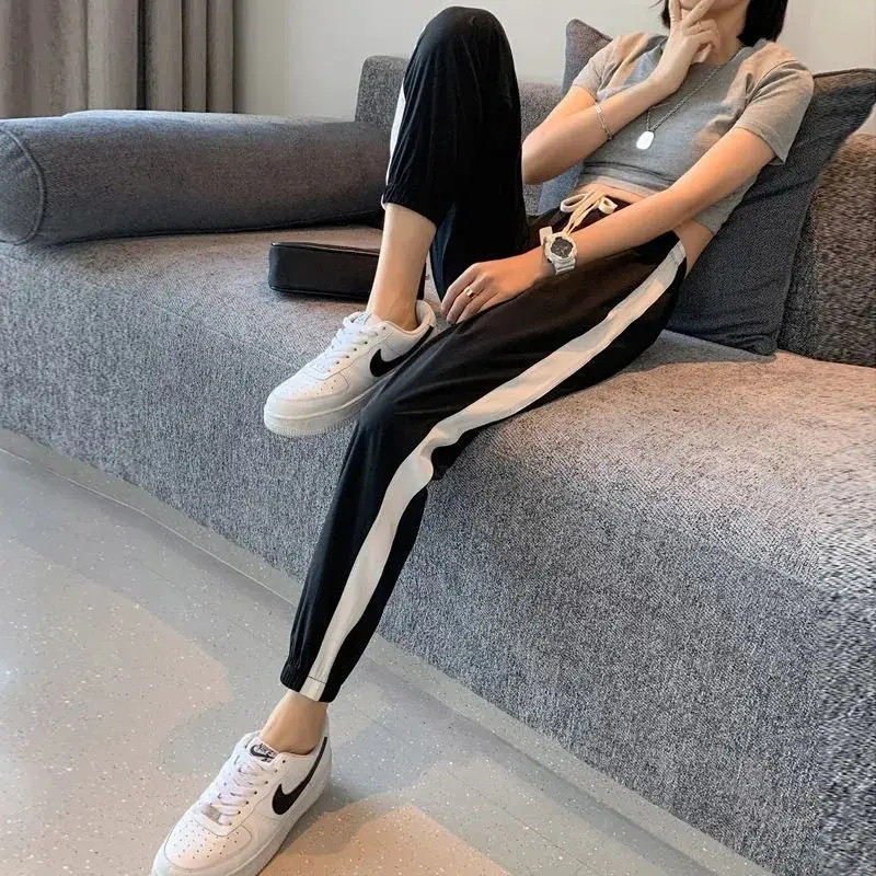 Rahat Pantolon Kadın Harem Ayak Bileği Uzunlukta Pantolon Yaz Kore Tarzı Yan Şerit İpli Patchwork Egzersiz Basit Moda Pantolon Görüntü 3