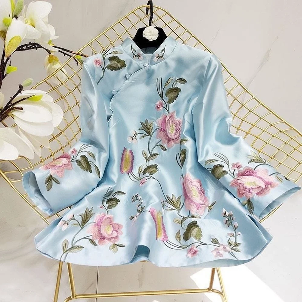 Tang Takım Elbise Gömlek Çin Bayan Geleneksel Saten İpek Bluz Nakış Kadın Vintage Artı Boyutu 4XL Gevşek Kadın Hanfu Tops Görüntü 0
