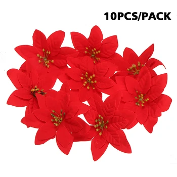 10 adet Kırmızı Noel İpek Çiçekler Yapay Glitter Atatürk Çiçeği Çiçek 14cm Noel Merry Christmas Ev Partisi DIY Dekorasyon Çiçek