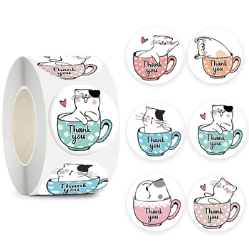 100-500 adet Kawaii Kedi Sticker Çocuklar için Çocuk Karikatür Hayvanlar Yapışkanlı Mühür Etiketleri Doğum Günü Partisi Dekoru için Teşekkür Ederim çıkartmalar