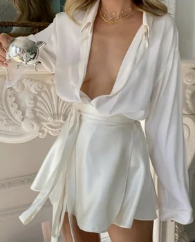 2021 Sonbahar Rahat Saten Yüksek Bel Etek Kadın Beyaz Yeni O-Boyun Bandaj Düz Renk Mini Kalem Etekler Kıyafetler Moda Parti Takım Elbise