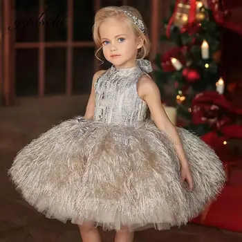 2022 Kabarık Prenses Elbise Tül Kız Doğum Günü Elbise Tüy Çiçek Kız Elbise çocuk Elbise Lüks İlk Communion Elbise