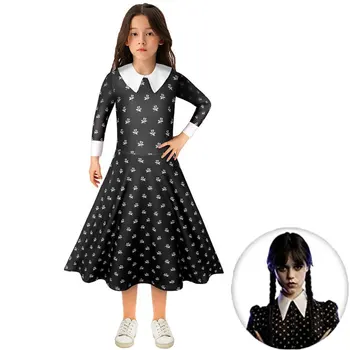 2022 Yeni Cossky Anime Çarşamba Cosplay Kostümleri Çocuk Çocuk Kız Addams Siyah Elbise Cadılar Bayramı Karnaval Kostüm
