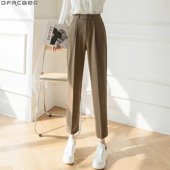 2022 Zarif Koreli kadın pantolonları İlkbahar Yaz Gevşek Elastik Yüksek Bel harem pantolon Kadın Yeni Beyaz Siyah Kahverengi Takım Elbise Pantolon