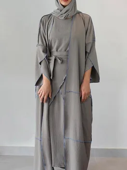 3 Parça Müslüman Setleri Krep Eşleştirme Kıyafetler Açık Abaya Kimono + Kayma Elbise + mini etek Suudi Dubai Elbise İslam Ramazan Parti Tevazu