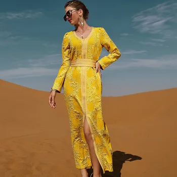 3D Desen Fas Kaftan Parti Abaya Arapça uzun elbise Kadın Mahkemesi Tarzı Müslüman Dubai Suudi Kaftan Körfez Jalabiya Altın Elbisesi