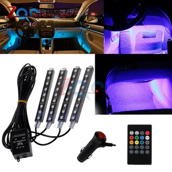4 adet RGB LED şerit ışık SMD5050 DC 12V Esnek ışıklı bant Ses müzik aktif Neon Uzaktan Kumanda ile Araba İç için