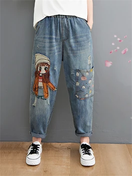 6537 Karikatür Çöp Kız Nakış Denim Pantolon Kadınlar İçin Moda Delik Rahat Yüksek Bel Pantolon Cepler Anne Harem Mavi Kot