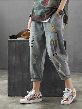 6859 Yeni Moda Kore Tarzı Vintage Delik Kız Nakış Ayak Bileği uzunlukta Denim Kot Kadın Rahat Gevşek Harem Pantolon Pantolon Kumaş