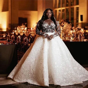 Afrika Dantel Uzun Kollu Gelinlik Seksi Bir Çizgi gelinlikler Aso Ebi Tarzı Düğün Vestidos Custom Made 2022