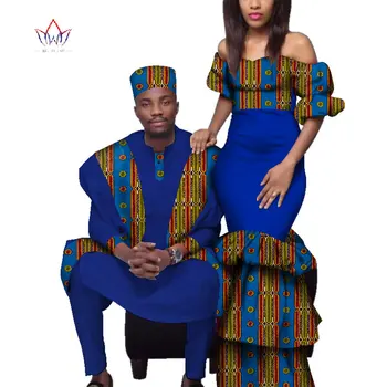 Afrika Çift Elbise Afrika Elbiseler Kadınlar için Bazin Riche Uzun Elbiseler Afrika Erkekler Baskı Elbisesi Üst ve pantolon WYQ221