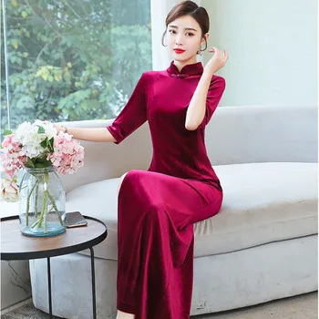Altın Kadife Ince Uzun Qipao Katı Bölünmüş Kadınlar Vintage çin elbisesi Geleneksel Elbise Orientale Standı Yaka Bahar Yeni Cheongsam