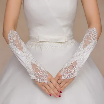 Beyaz dantel uzun parmaksız düğün aksesuar Eblow uzunluğu saten gelin parti eldiven payetler ile