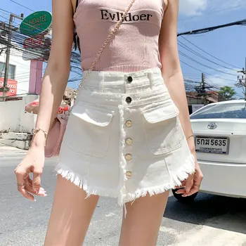 Beyaz Kot Şort Etekler Kadın Tek Göğüslü Cep Gevşek Yüksek Bel Kot Şort Kadın Yaz A-Line Geniş bacak kısa pantolon