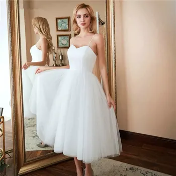 Beyaz Çay Boyu düğün elbisesi Sevgiliye Basit gelinlikler Zarif Plaj Gelin Parti Elbise Artı Boyutu