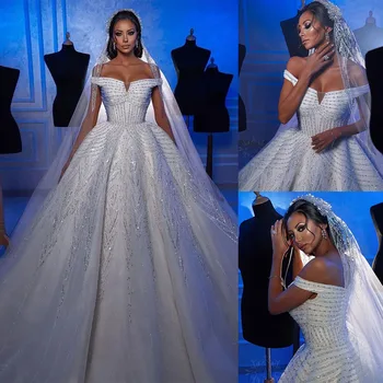 Bling Sparkly Bir Çizgi düğün elbisesi 2022 Sequins Kapalı Omuz Kısa Kollu Vestido Aplikler gelinlikler