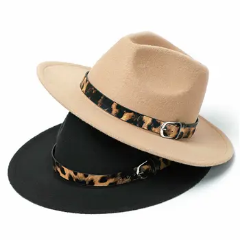 Büyük Boy Unisex Fedora Caz Şapka Yün Malzeme Leopar deri kemer Geniş Kenarlı Panama Parti Fötr Kovboy şapkası Erkekler Kadınlar