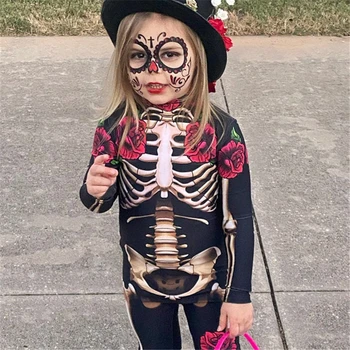 Cadılar bayramı Karnaval Parti Korku Kafatası Gül Çiçek İskelet Tulum Cosplay Çocuk Bebek Kız Tulum Moda 2022 Yeni