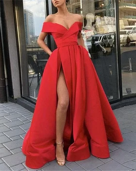 Düğün Misafirler Kapalı Omuz Saten Kırmızı A-Line balo kıyafetleri Kat Uzunlukta Tül Kolsuz Akşam Parti Seksi Giyim