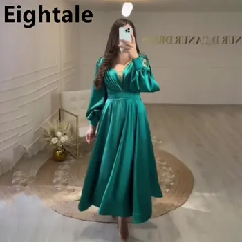 Eightale 2022 Çay Boyu Akşam Elbise Yeşil Saten Resmi Arapça Puf Kollu Kısa Balo Parti Kıyafeti Dubai Robe Soirée Femme