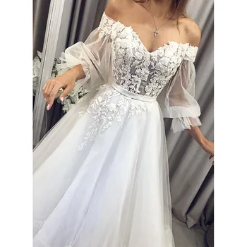 Eightree Prenses düğün elbisesi Puf Kollu Uzun gelin elbiseleri Dantel Aplikler gelinlik Sevgiliye Vestido De Noiva