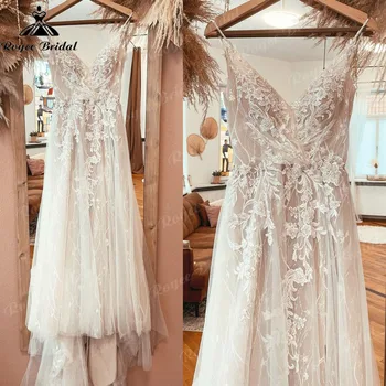 Elbise Boho Şampanya Dantel Bohemian Backless düğün elbisesi Plaj V Boyun 2023 Aplikler Spagetti Sapanlar gelinlikler Custom Made