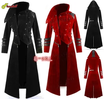 Erkek Gotik Steampunk Vintage Ortaçağ Vampir Şeytan Kırmızı Ceket Siper Cosplay Kostüm Victoria Mahkemesi Soylular Tailcoat Palto