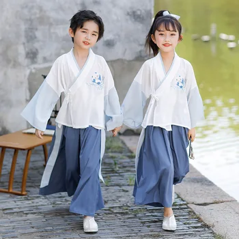 Erkek Ve Kız Bahar Sonbahar Yeni Oryantal Vintage Hanfu Çocuklar Çin Tarzı Geleneksel Nakış İki Parçalı Takım Elbise Rol Oynamak Elbiseler