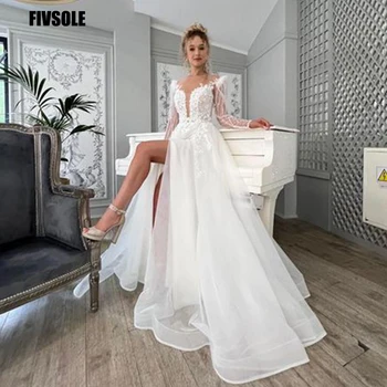 Fivsole 2022 Yüksek Bölünmüş A-Line Uzun Kollu düğün elbisesi Tül Dantel Aplikler gelin kıyafeti Robe De Mariée Vestido De Noiva