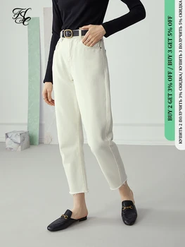 FSLE Pamuk Püskül Saçak Beyaz Düz Kot Kadın Yüksek Bel Yırtık Kot Kadın Bahar Boy Rahat Kot Pantolon