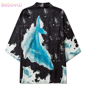 Geleneksel Gömlek Moda Balina Baskı Japon Streetwear Ceket Kadın Erkek Siyah Yukata Hırka Kimono Rahat Haori Giyim