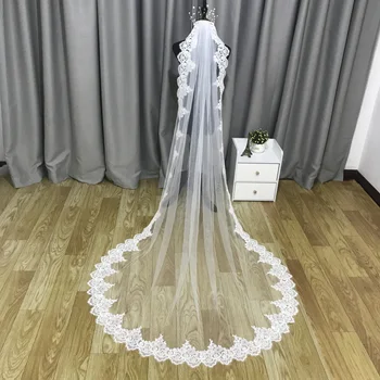 Gerçek Fotoğraf Beyaz Fildişi 3 Metre Uzun Tam Kenar Pullu Dantel düğün duvağı Tek Katmanlı Tül Gelin Peçe ile Tarak düğün aksesuarla