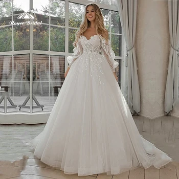 Glitter A-Line düğün elbisesi Puf Kollu Dantel Aplikler Dantel 3D Çiçekler Kapalı Omuz Tül Boho gelin kıyafeti 2023 vestido de novia