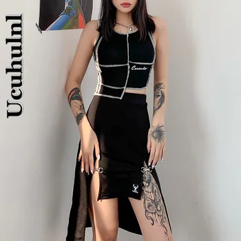 Gotik Kadın Harajuku Metal Patchwork Yüksek Bel Etekler Streetwear Punk Siyah Etek Y2K Goth Bodycon Seksi Yüksek Yarık Etekler