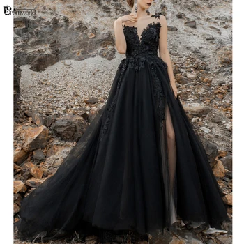 Gotik Siyah Resmi Elbise 2022 Seksi balo kıyafetleri Uzun Dantel Çiçekler Backless Artı Boyutu Abiye giyim Yan Bölünmüş Tül Vestidos