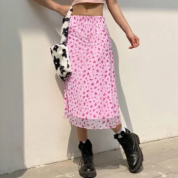 Grunge Fairycore Midi Etek Pembe Çiçek Baskı Örgü Etek Kadın Yumuşak Kız Estetik Y2K Kıyafet