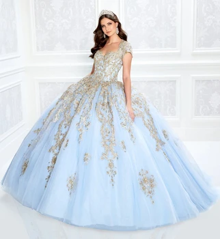Gökyüzü Mavi Charro Quinceanera elbise Balo Cap Kollu Tül Aplikler Kabarık Meksika Tatlı 16 Elbiseler 15 Anos