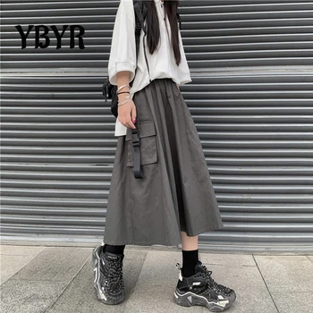 Harajuku Streetwear Gotik Kargo Etekler Kadınlar 2021 Siyah Yüksek Bel A-line Etek Casual Vintage Midi Etek Kadın Streetwear
