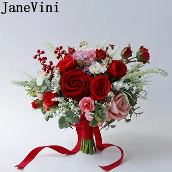 JaneVini Flores Boda Yapay Düğün Buket Kırmızı Gelinler Çiçek Pembe Güller Ipek Gelin Buketi Fleur Mariage Aksesuarları 2019