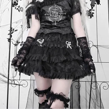 Japon Dantel Örgü Etek Koyu Gotik Çapraz Tül Etek Kek Pantolon Etek Yaz Balo Mini jupe etek siyah femme yaz 2022